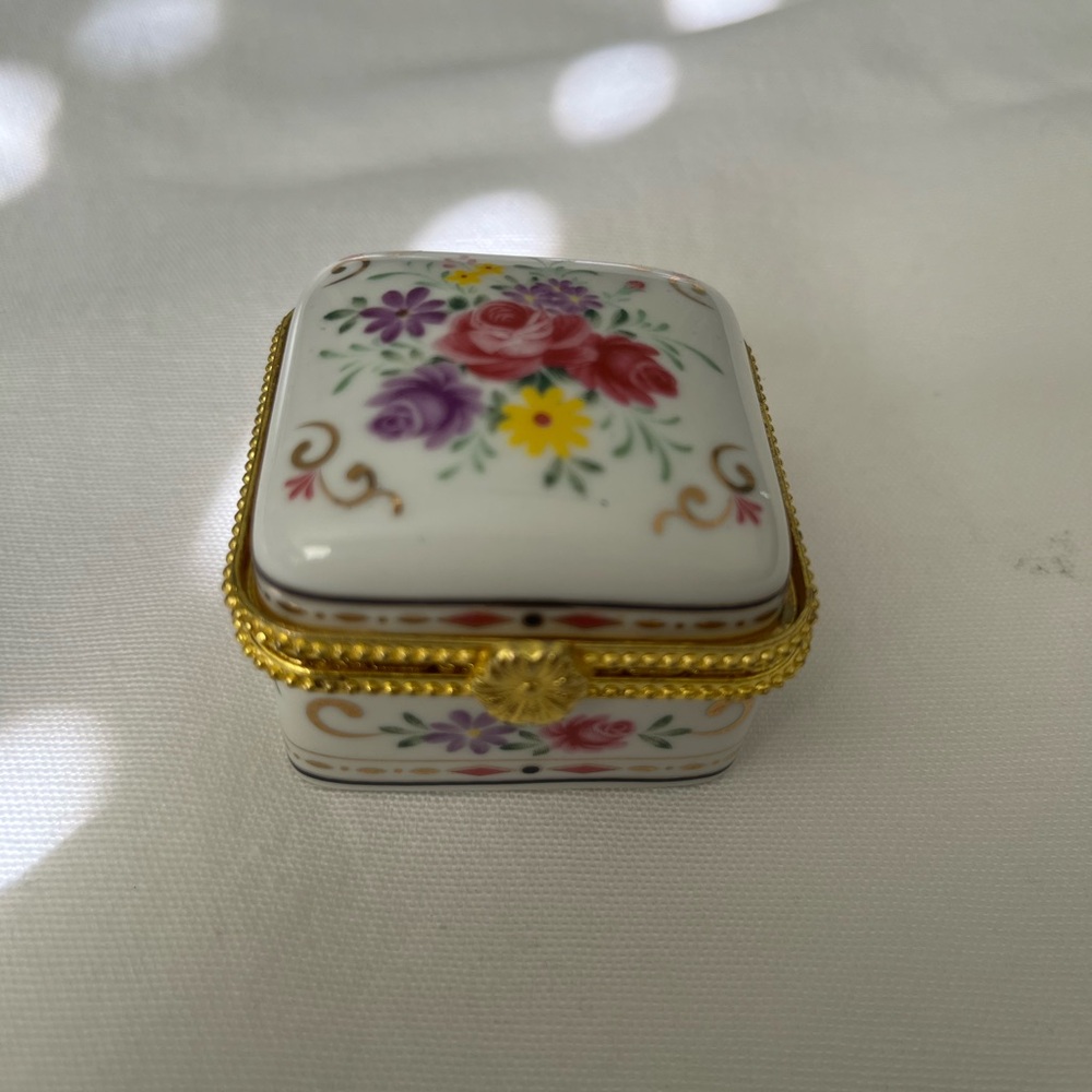 Floral Porcelain Trinket Box with Gold Trim